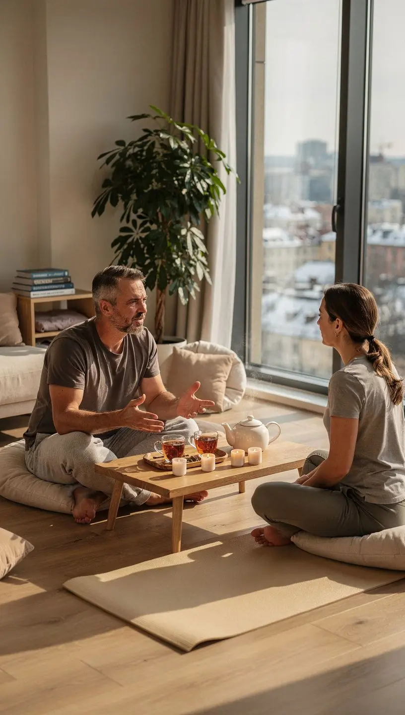 Grupa osób uczestnicząca w zajęciach jogi, skoncentrowana na relaksacyjnych technikach oddechowych.