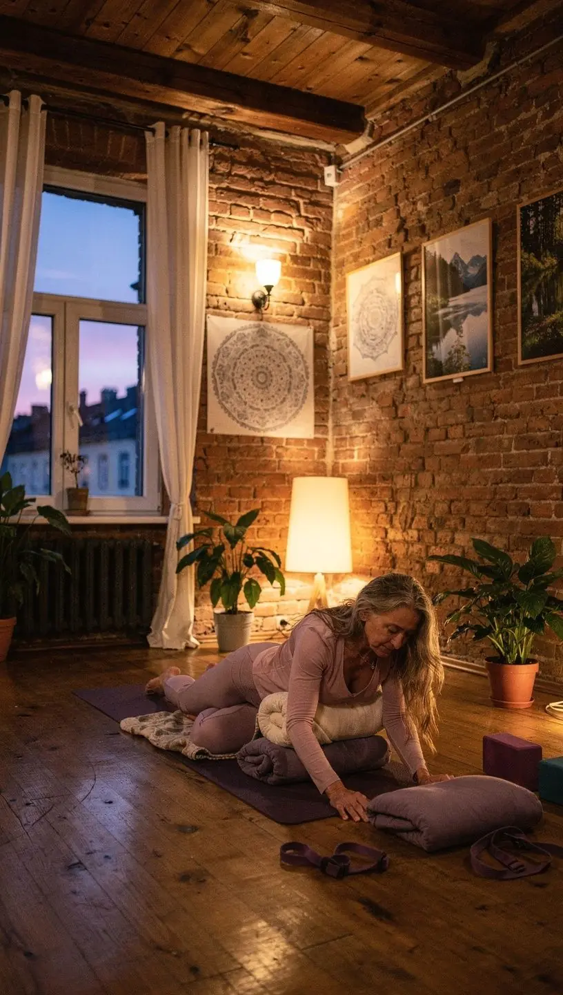 Kobieta praktykująca jogę wieczorem w spokojnym otoczeniu, z delikatnym światłem świec.