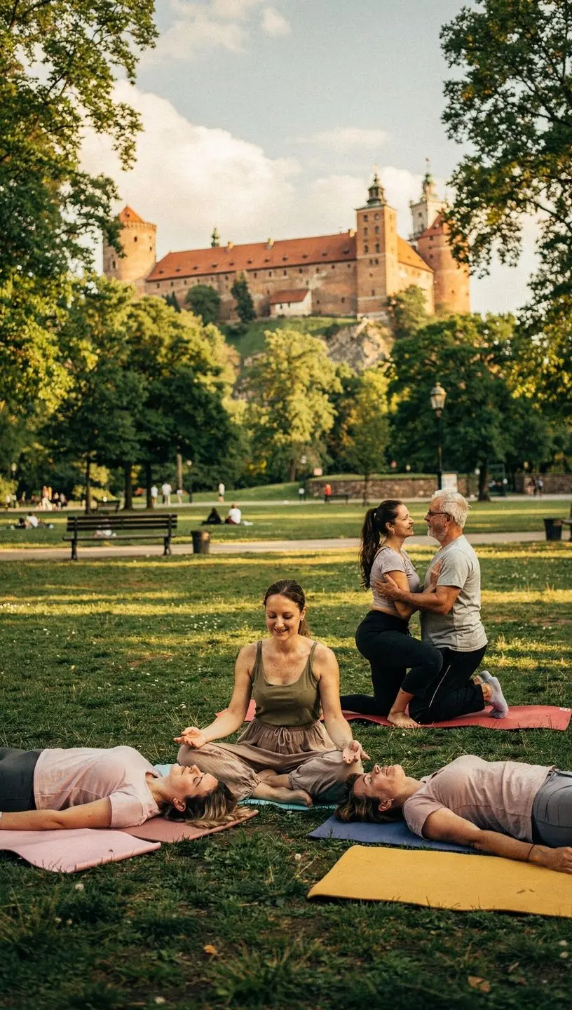 Zestaw akcesoriów do jogi, w tym mata, poduszki i koce, przygotowanych do wieczornej sesji relaksacyjnej.
