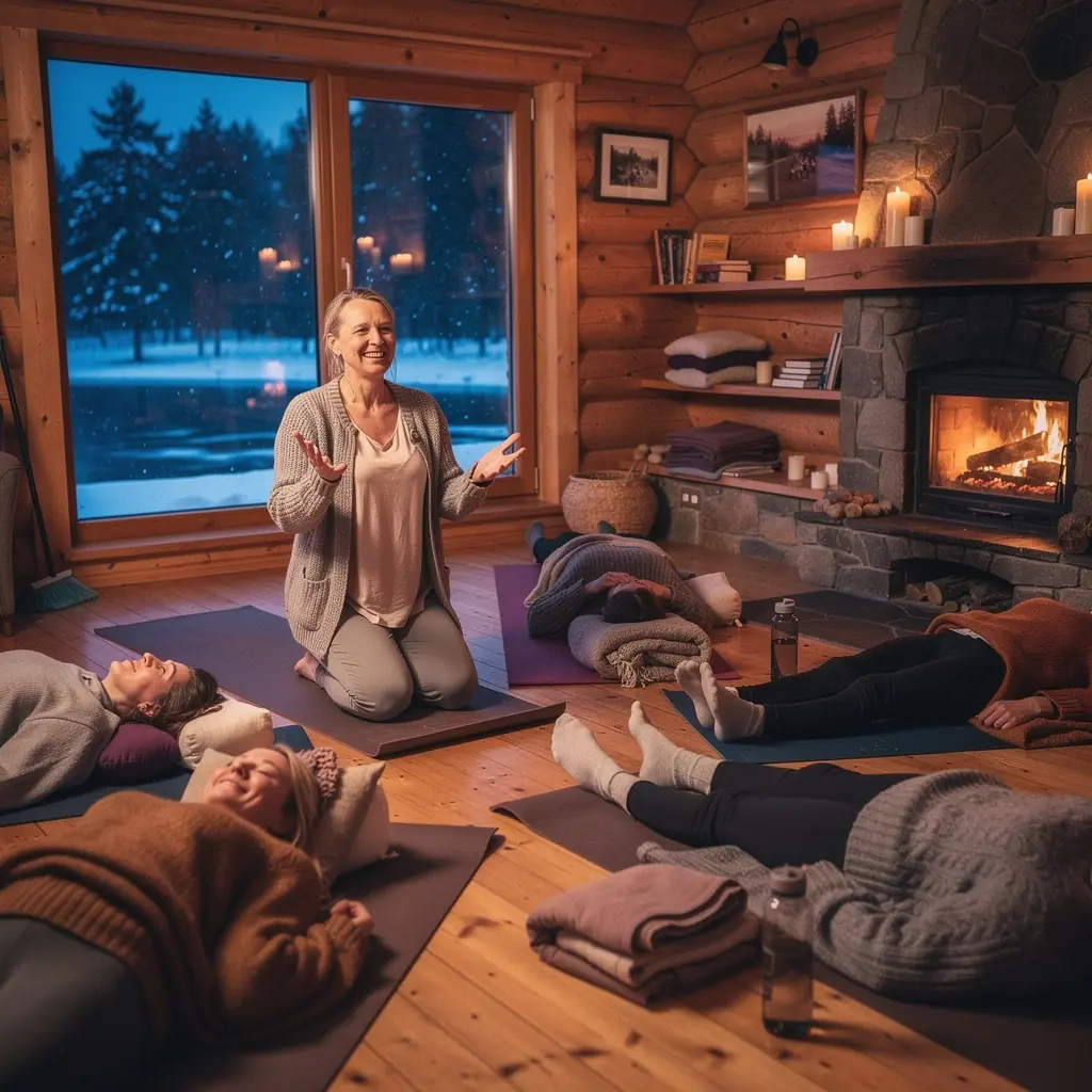 Osoba medytująca w spokojnym otoczeniu, otoczona świecami, w celu złagodzenia stresu.