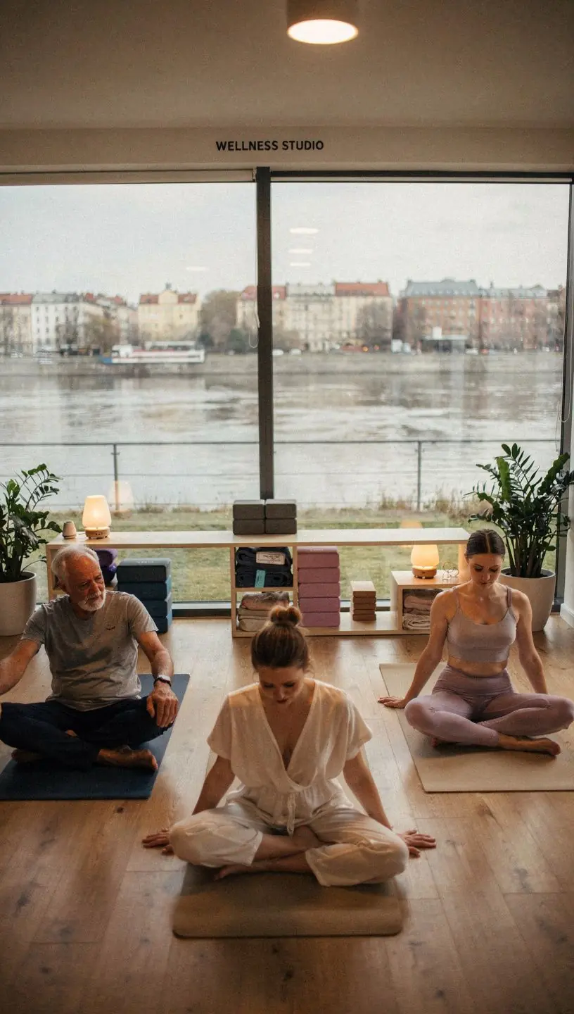 Osoba medytująca w spokojnym otoczeniu, otoczona świecami, w celu złagodzenia stresu.