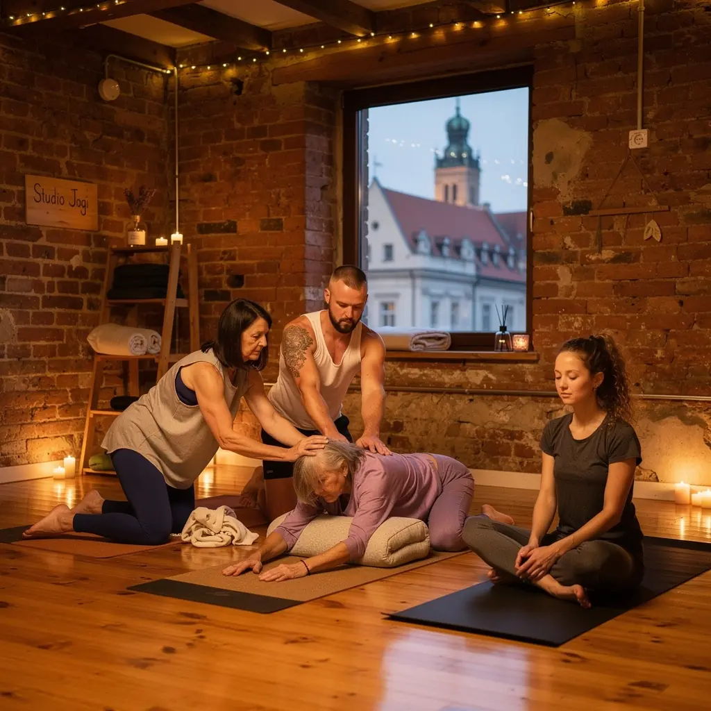 Sesja jogi na plaży o zachodzie słońca, sprzyjająca relaksacji przed snem.